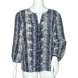 Talbots Women's Blouse Navy Blue White Snake Print 3/4 Sleeve 100% Silk Size 12